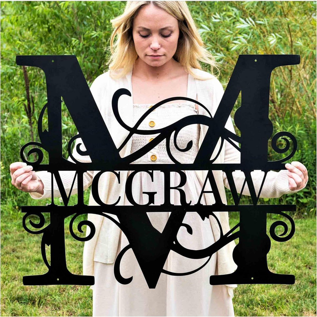 Custom Metal Name Sign | Split Letter Monogram | Outdoor Last Name Sign