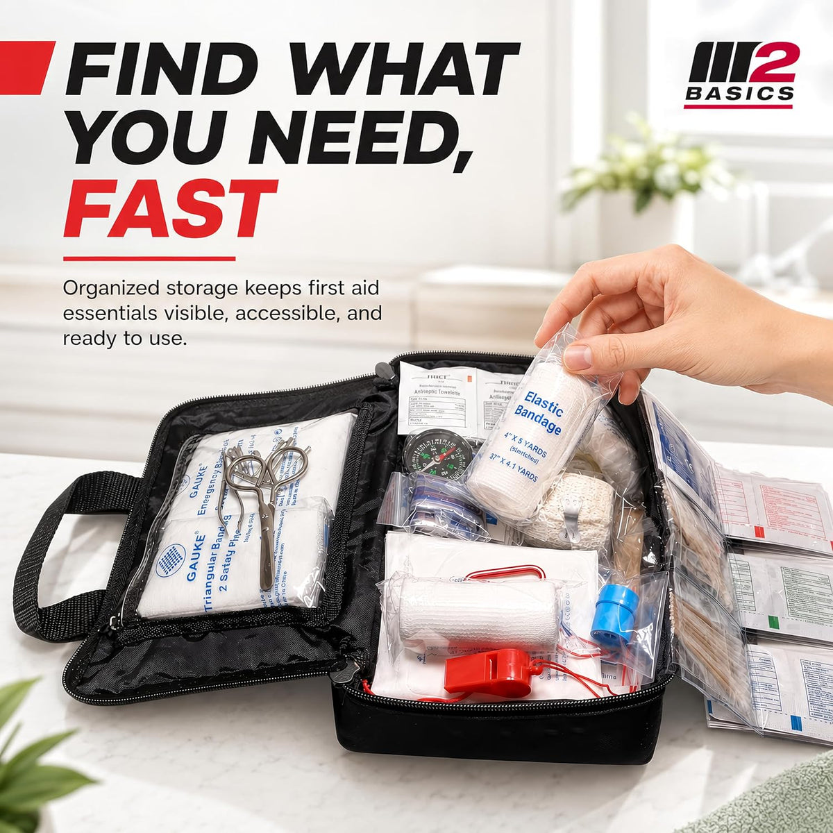 M2 BASICS 300 Piece First Aid Kit w/Durable Bag for Home, Business, Office