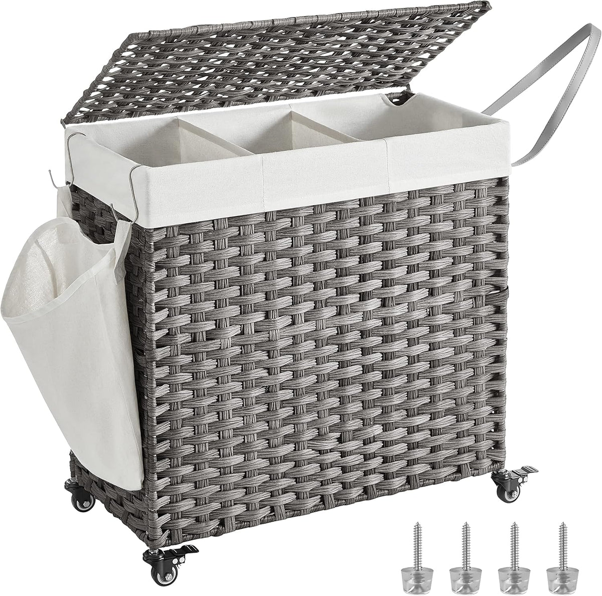 SONGMICS Rolling Laundry Hamper with Lid, 160 L 3-Section Synthetic Rattan