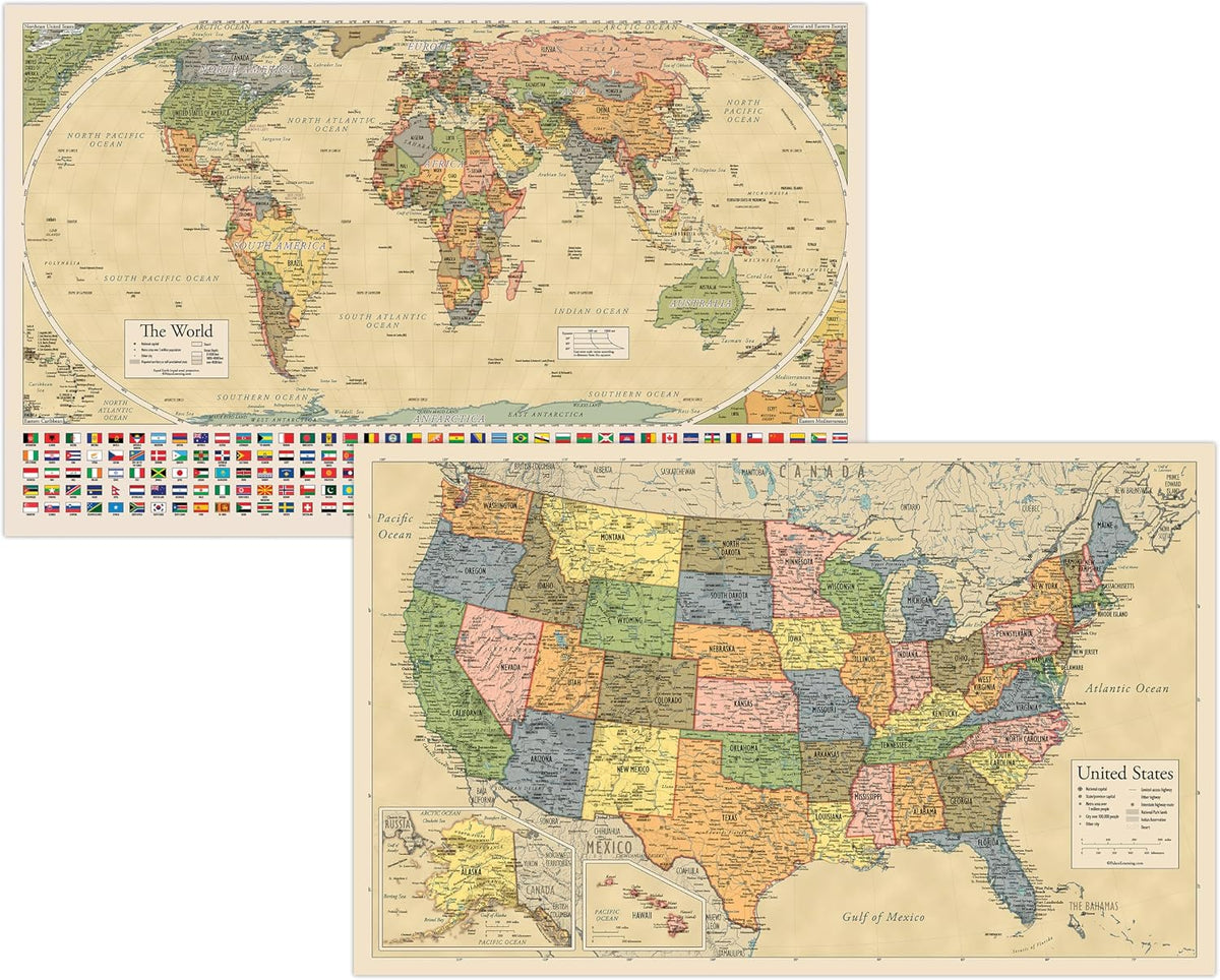 2 Pack - Laminated World Map Poster & USA Map Set - Equal Earth world map design shows continents at true relative size - US Map 18” x 29”