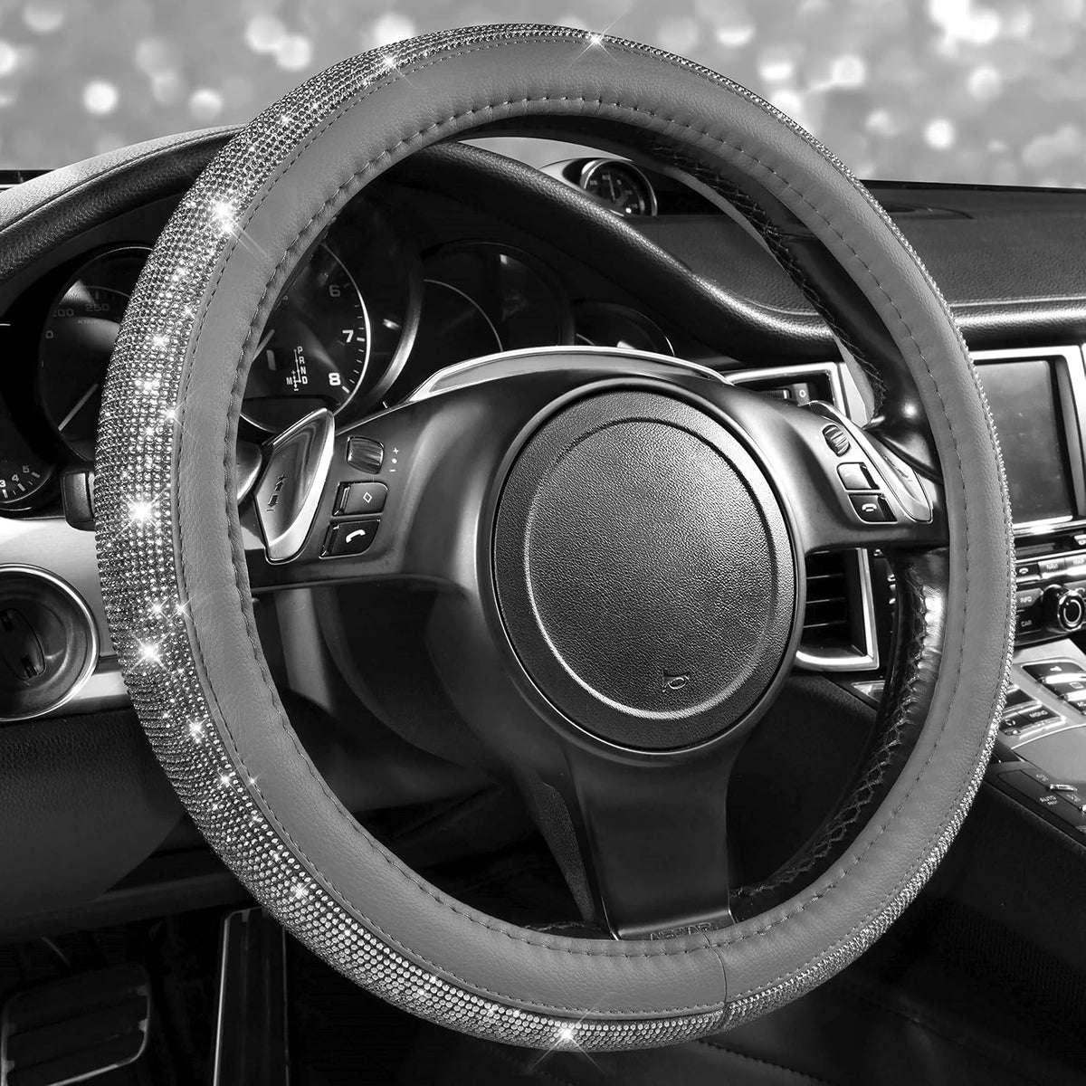 CAR PASS Bling Diamond Leather Steering Wheel Cover, with Bling Sparkly Crystal Glitter Rhinestones Universal Fit 14.5in-15in Car Wheel Protector for Women Girl Fit Suvs,Vans,Sedans,Car,Trucks, Silver