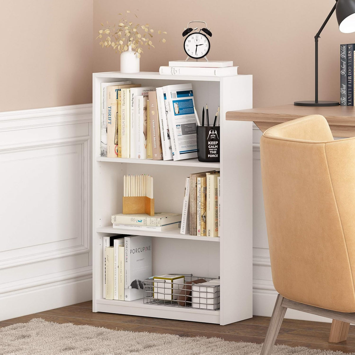 Furinno JAYA Book Shelf, 3-Tier Bookshelf, Bookcase with Adjustable Shelves, 9.5 x 24.5 x 40.3, for Organization and Storage, for Living Room, Bedroom, Home Office, French Oak