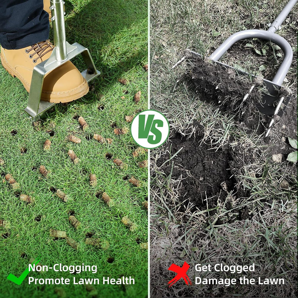 Manual Lawn Core Aerator for Compacted Soil with Non-Clogging Hollow Tines