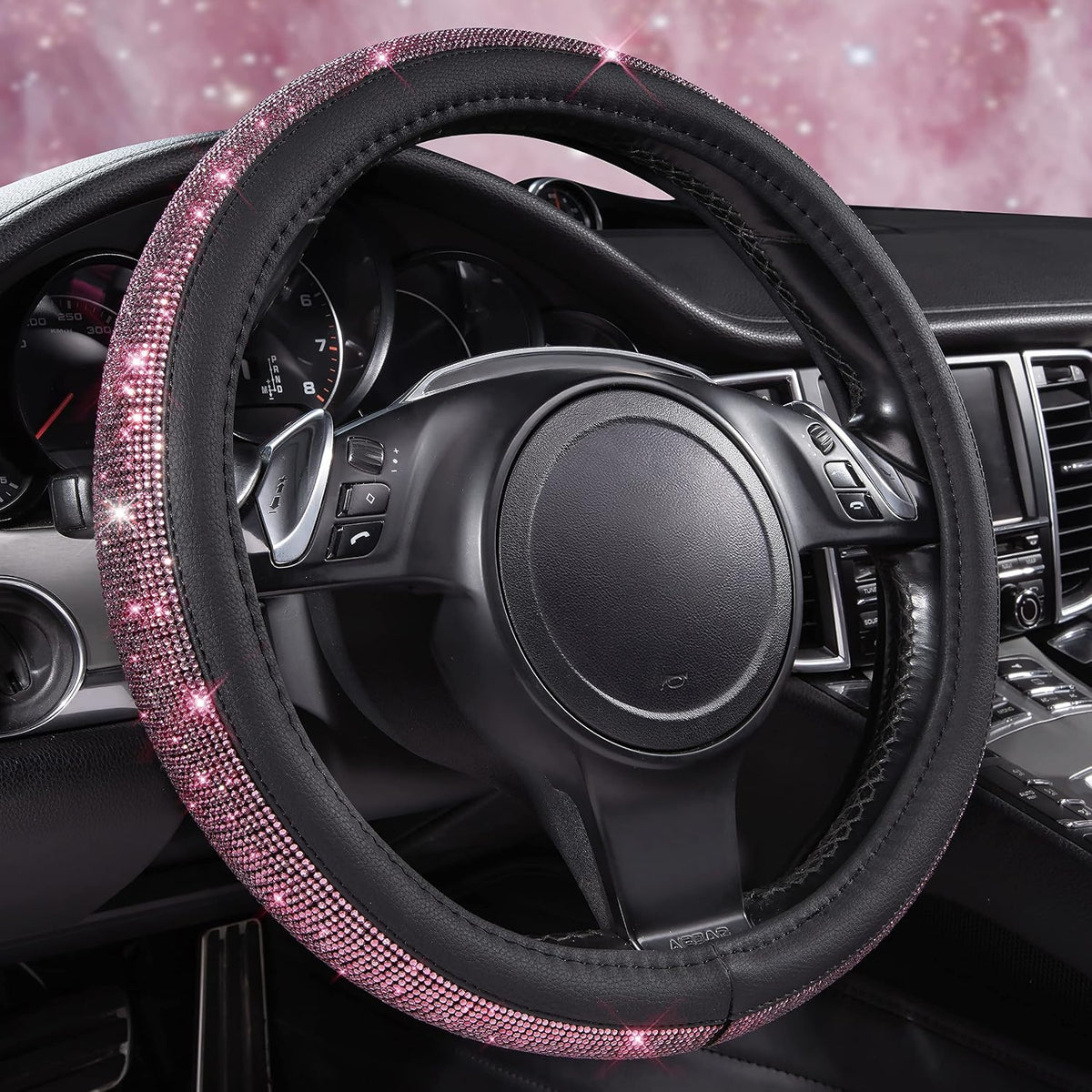 CAR PASS Bling Diamond Leather Steering Wheel Cover, with Bling Sparkly Crystal Glitter Rhinestones Universal Fit 14.5in-15in Car Wheel Protector for Women Girl Fit Suvs,Vans,Sedans,Car,Trucks, Silver