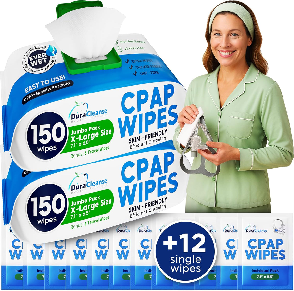 XL CPAP Mask Wipes - Unscented Cleaner Full Face & Nasal Masks - 150 Ct + 6