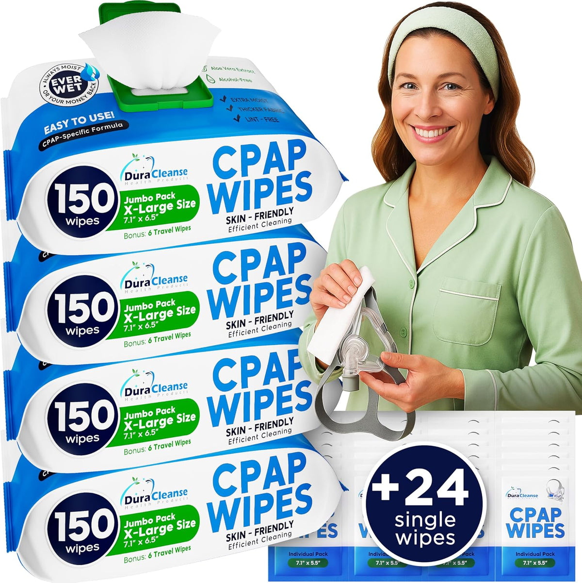 XL CPAP Mask Wipes - Unscented Cleaner Full Face & Nasal Masks - 150 Ct + 6