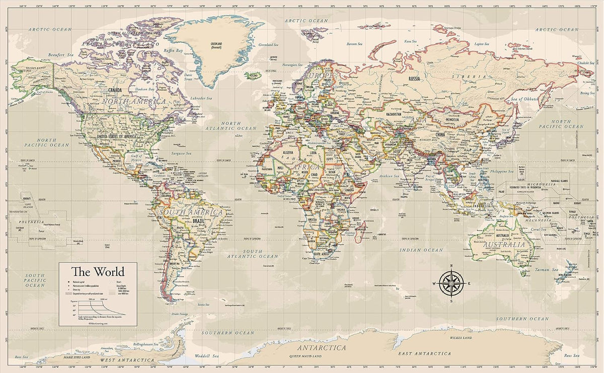 Laminated World Map Poster - Wall Chart Map of Earth - 18" x 29" (Blue)