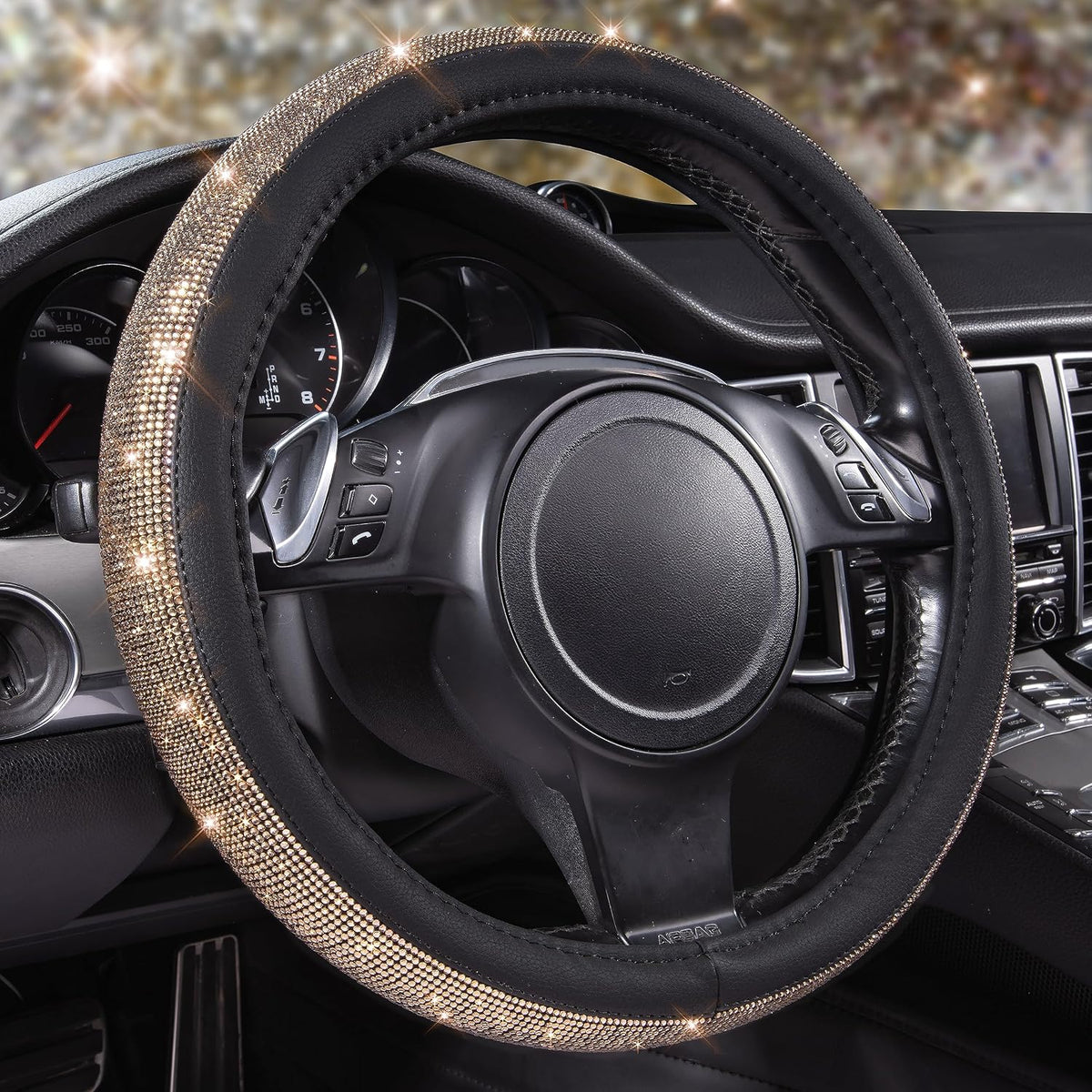 CAR PASS Bling Diamond Leather Steering Wheel Cover, with Bling Sparkly Crystal Glitter Rhinestones Universal Fit 14.5in-15in Car Wheel Protector for Women Girl Fit Suvs,Vans,Sedans,Car,Trucks, Silver