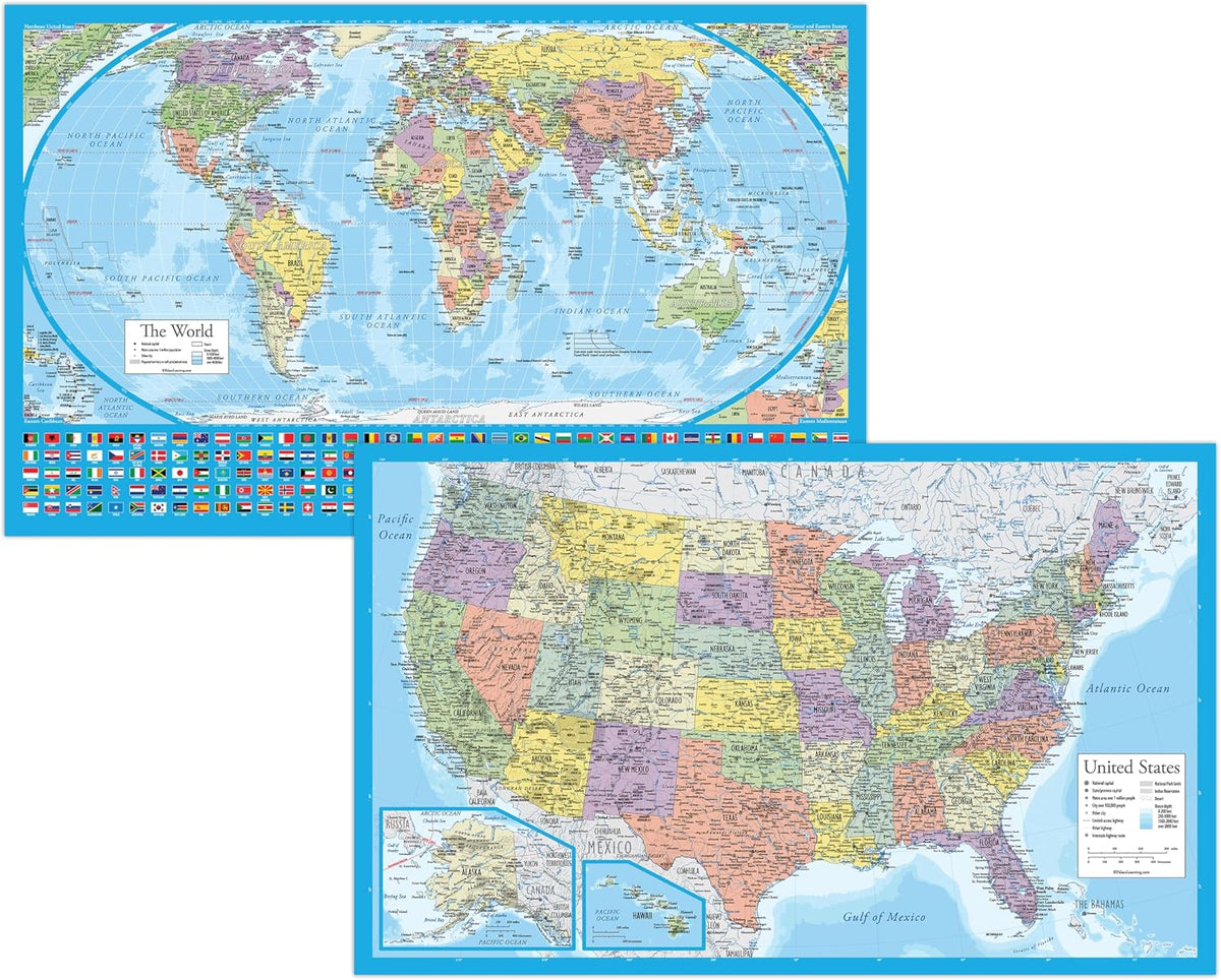 2 Pack - Laminated World Map Poster & USA Map Set - Equal Earth world map design shows continents at true relative size - US Map 18” x 29”