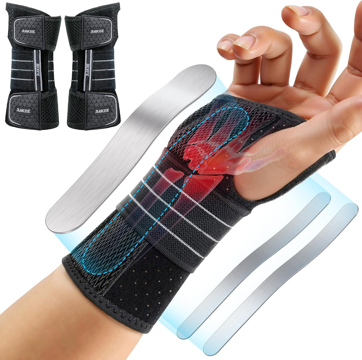 Rakiie 2 Pack Carpal Tunnel Wrist Brace Night Splint, Gray