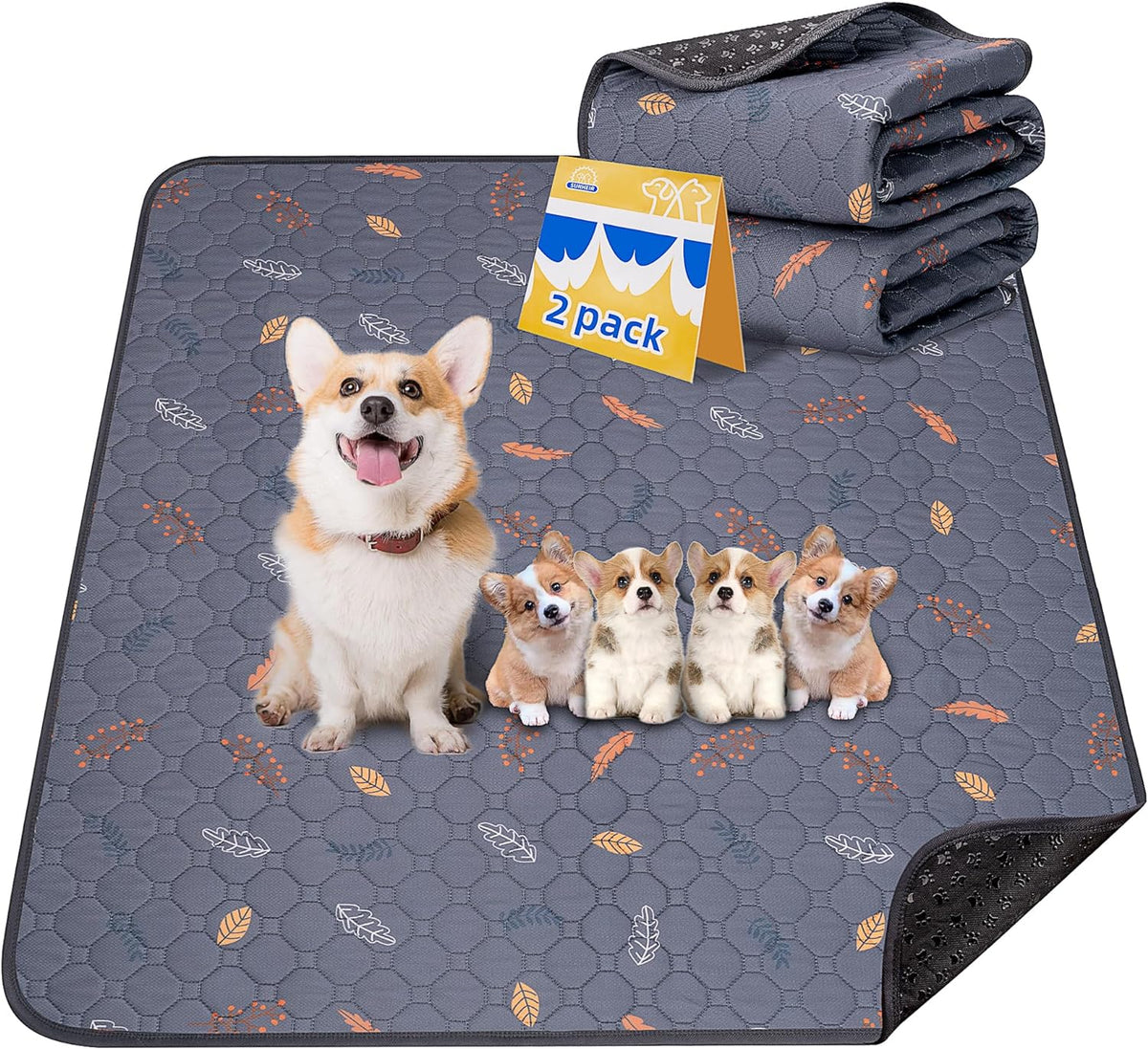 Sunheir Washable Pee Pads for Dogs, Reusable Puppy Pads for Dog Playpen 2PC | Thick Super Absorbent, Leak-Proof & Non-Slip, Waterproof Dog Pads for Puppy Playpen, Crate, Whelping Box, Potty Training Grey