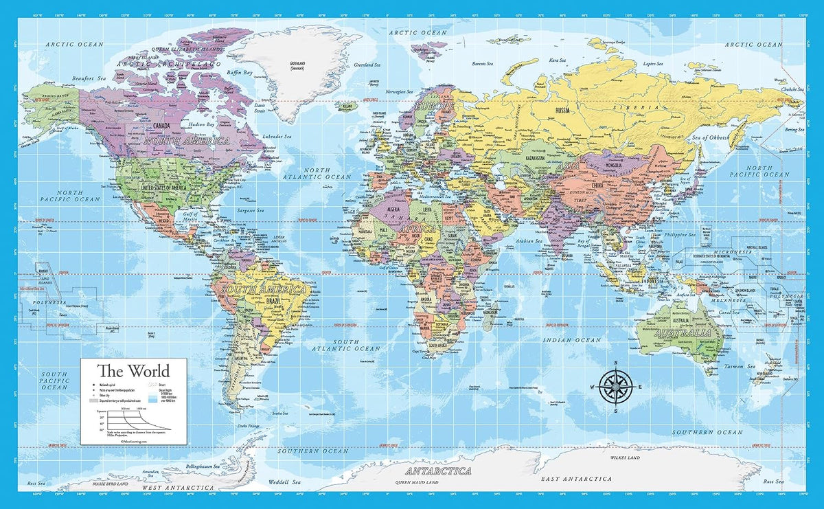 Laminated World Map Poster - Wall Chart Map of Earth - 18" x 29" (Blue)