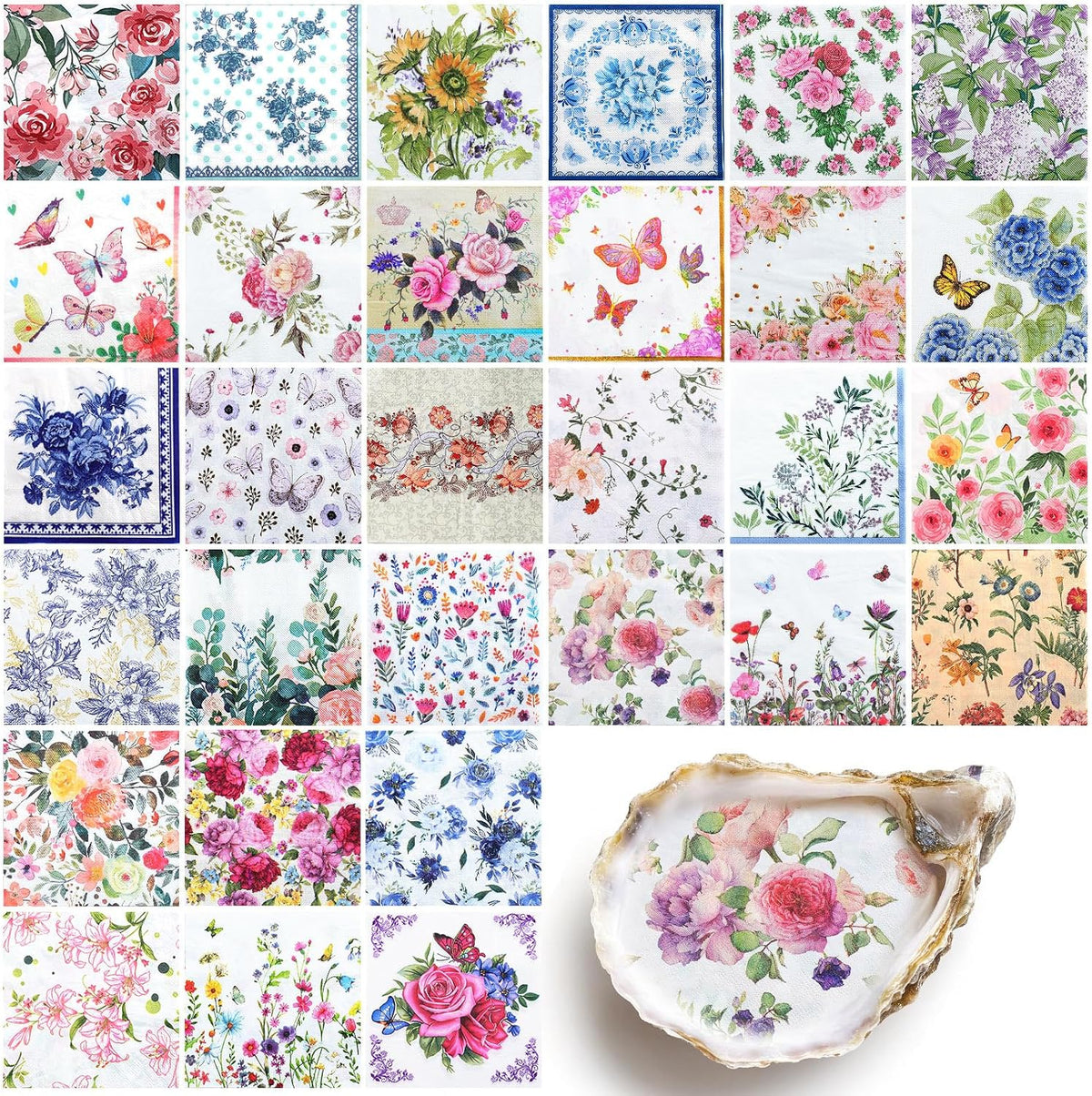 NatNarr 30 Pack Decoupage Napkins, 30 Styles Vintage Floral Napkins