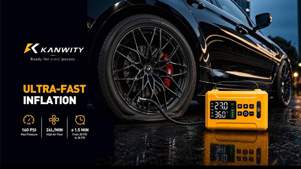 Tire Inflator Portable Air Compressor 160 PSI Air Pump for Car Tires 8000 mAh & 12V DC Powered Fast 30L/min, Digital Tire Pressure Gauge, LED Lights, 5 Modes Auto Shut-off (Yellow, 8000 mAh)