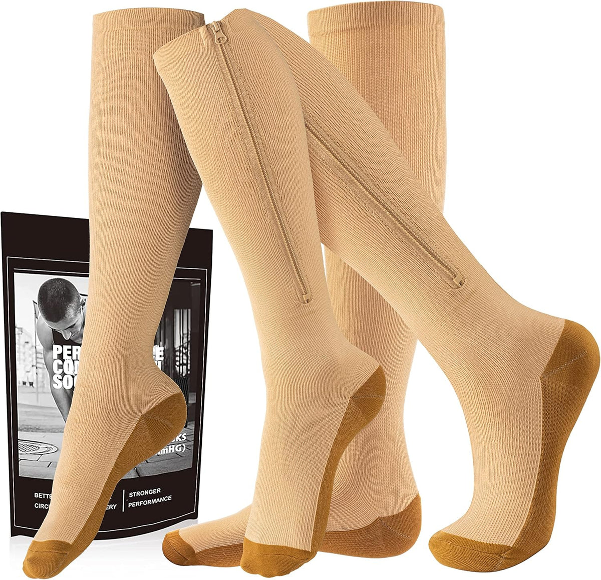cerpite Zipper Compression Socks, 2 Pairs 15-20 mmHg Closed Toe Compression Stockings for Men Women