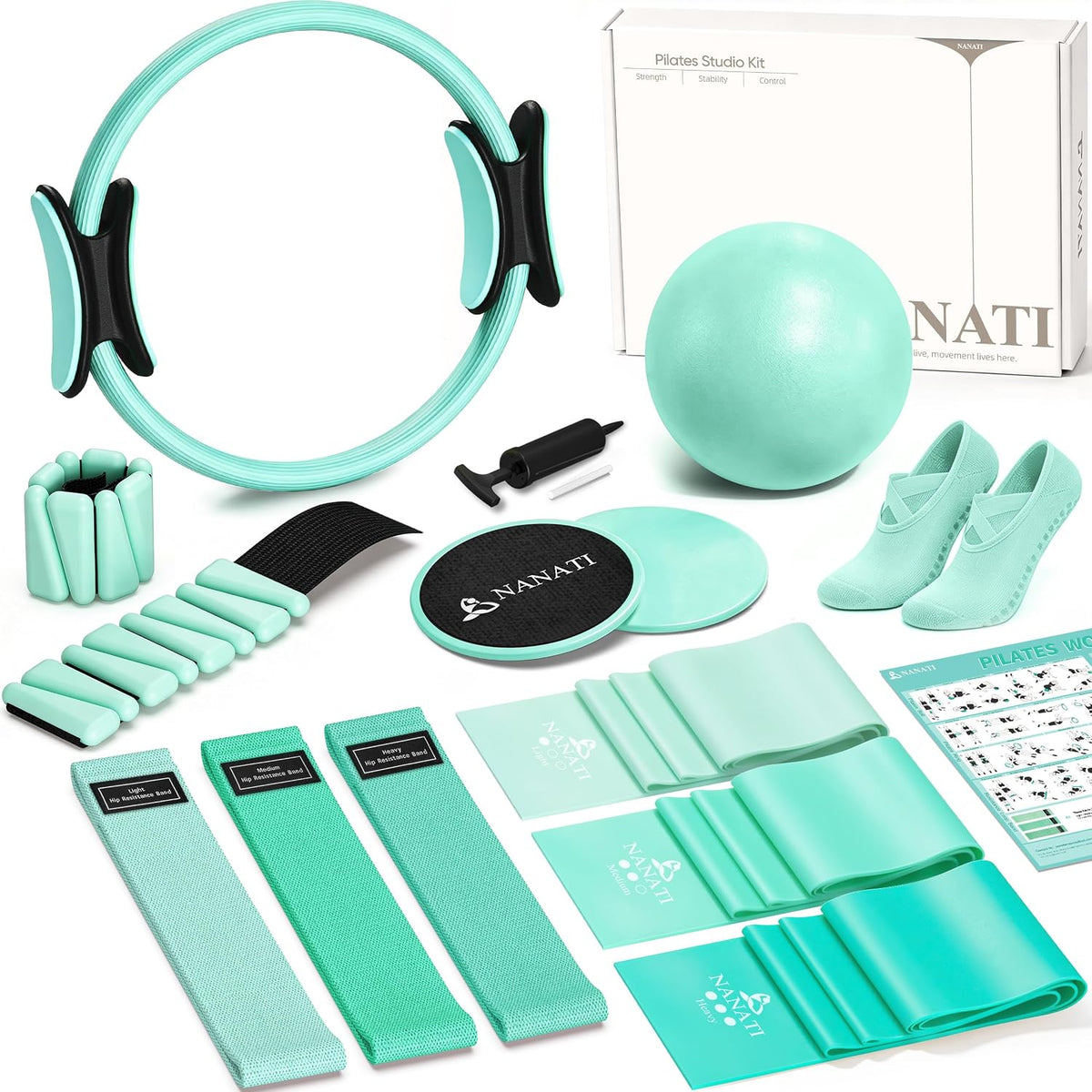 NANATI Pilates Kit, Home Pilates Workout Kit for Women, Pilates Equipment with 14.5"" Pilates Ring and Ball, Resistance Bands, Ankle Weights, Sliders & Grip Socks for Home Workouts