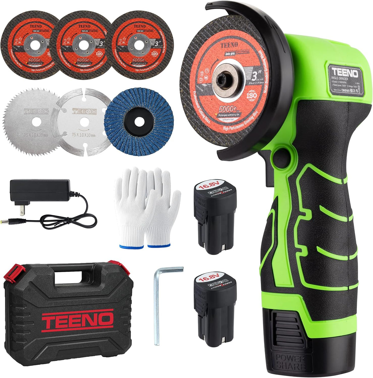 TEENO Cordless Angle Grinder Kit, 19,500 RPM Mini Electric Angle Grinding Tool with 2 pcs 16.8V 2000mAh Batteries and 6 Cutting Discs, 3-Inch Handheld Grinder for Metal/Wood Cutting and Grinding