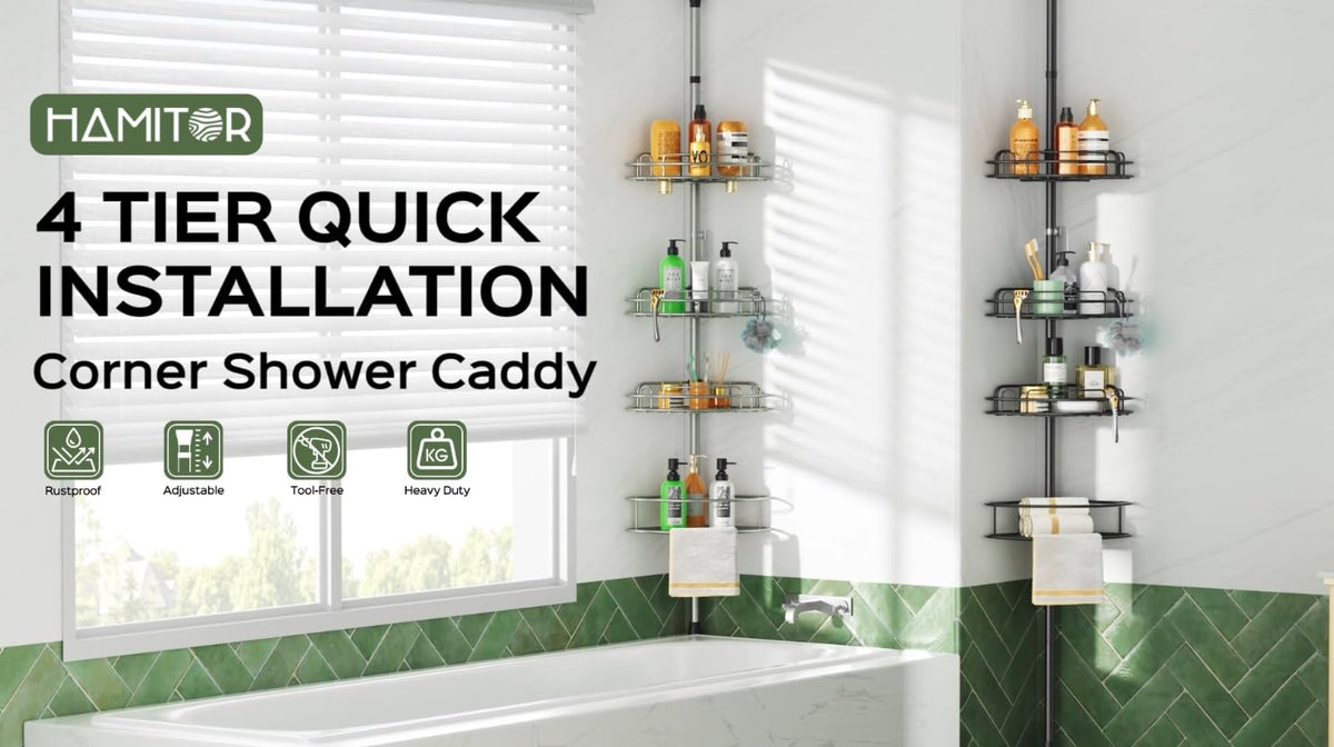 HAMITOR Corner Shower Caddy Tension Pole: No-Drill Rustproof Bathroom Shelf