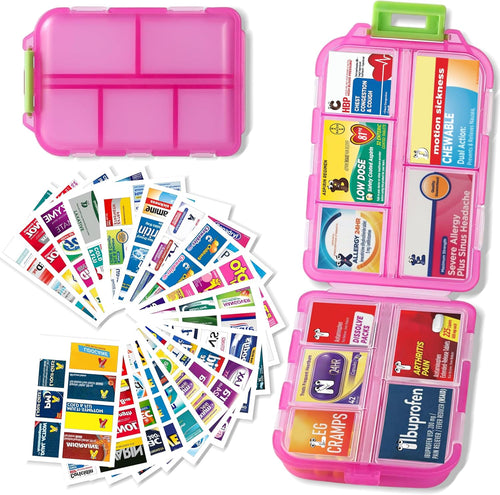 Pill Organizer with 161 Medicine Labels, Daily Travel Pill Case (Pink)