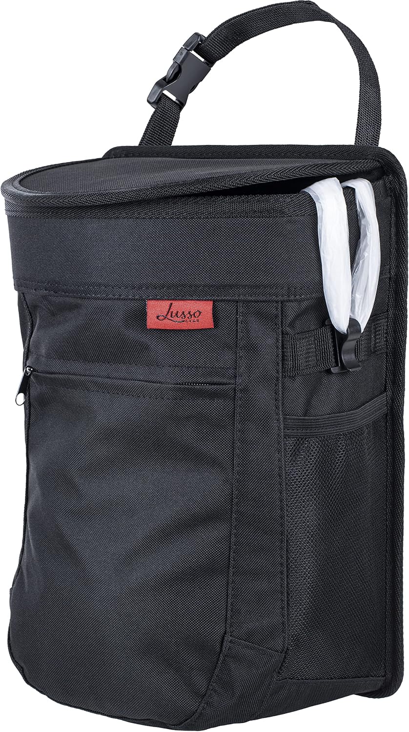 Lusso Gear Car Trash Can - 2.5-Gallon, Black, Round - Leak-Proof & Spill-Proof Lid & Waterproof Removable Liner - Hanging Car Trash Bin & Organizer for SUV, Truck & Minivan