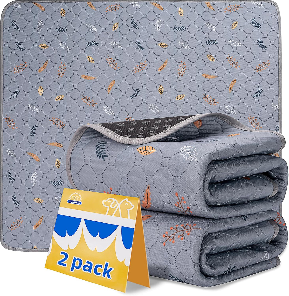 Sunheir Washable Pee Pads for Dogs, Reusable Puppy Pads for Dog Playpen 2PC | Thick Super Absorbent, Leak-Proof & Non-Slip, Waterproof Dog Pads for Puppy Playpen, Crate, Whelping Box, Potty Training Grey