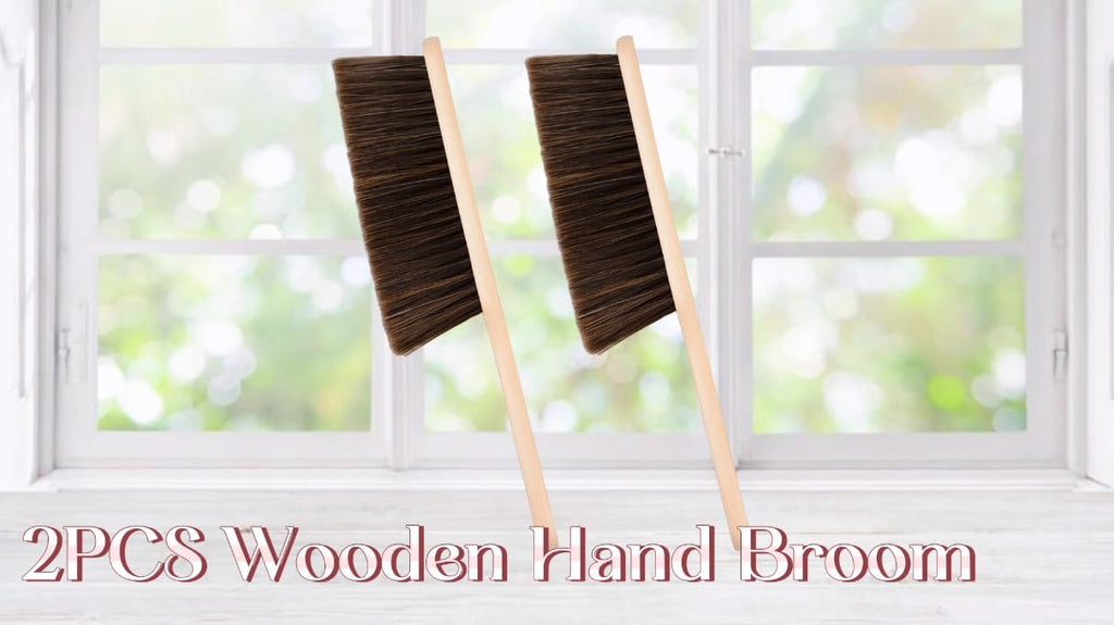 2 Pieces Woooden Dust Brush Hand Broom Bench Brush with Long Wood Handle Whisk Broom Soft Bristle Brush for Counter Bed Sofa Car Fireplace Clothes Household Cleaning