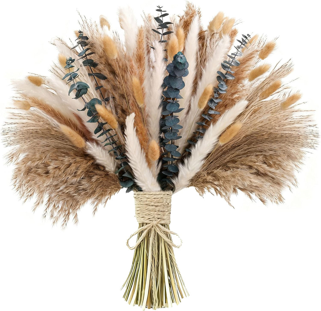xin's convey 120 PCS Dried Pampas Grass, Dried Flowers, Reed Grass Bouquet for Bohemian Flowers Home Table Wedding Decoration, Rustic Farmhour.(Light Brown)