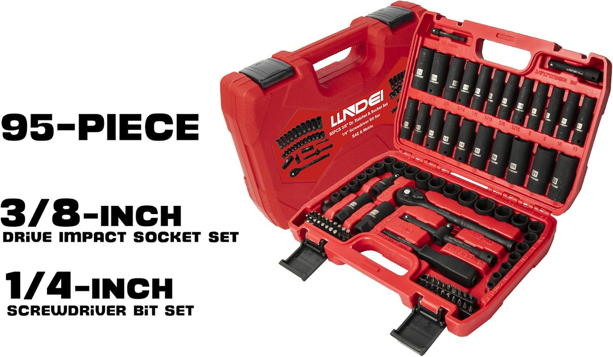LLNDEI 3/8" Drive Impact Socket Set 95Pcs SAE/Metric