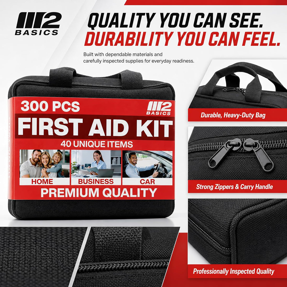 M2 BASICS 300 Piece First Aid Kit w/Durable Bag for Home, Business, Office