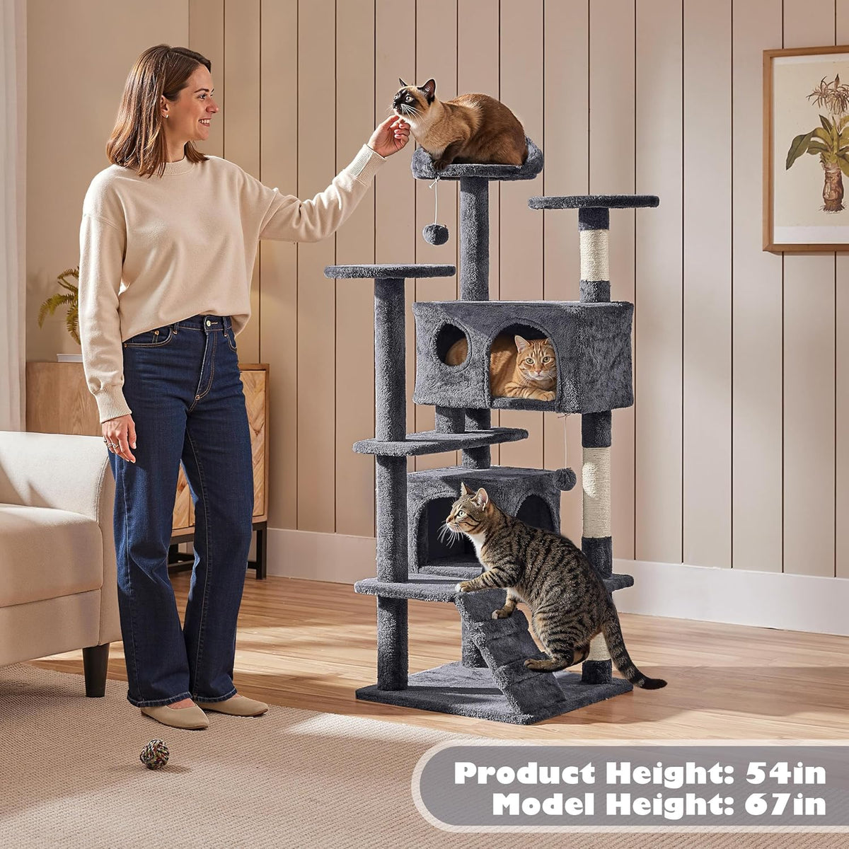 Yaheetech 54in Cat Tree Tower, 2 Caves, Kitten-Ear Perch & Scratching Posts