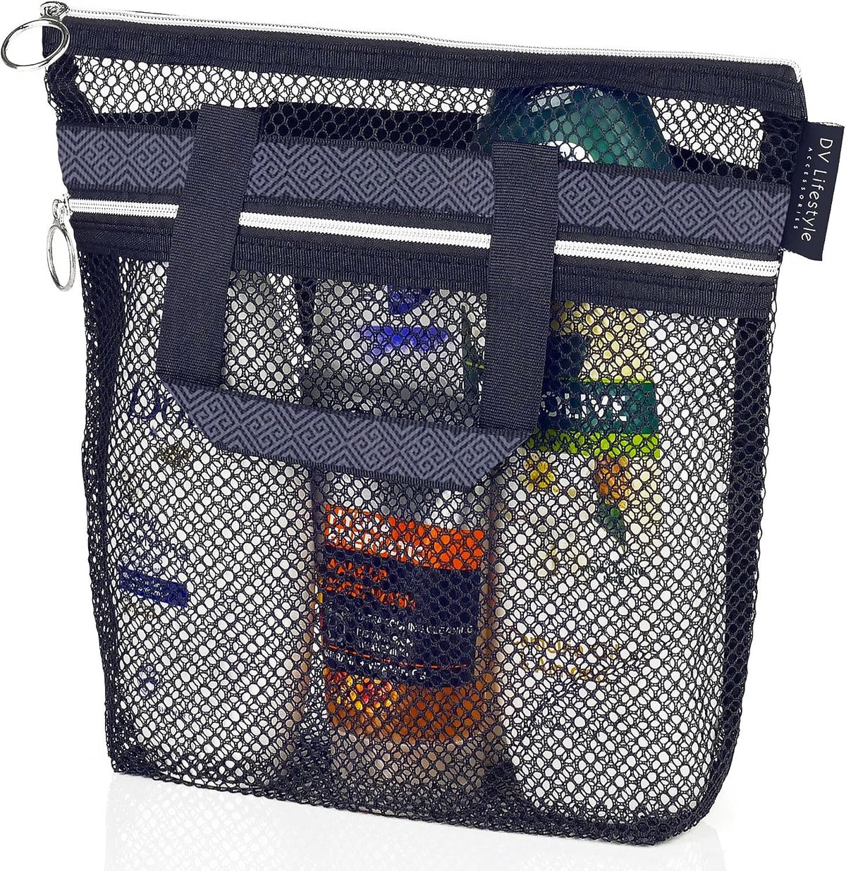 DV Lifestyle Mesh Shower Bag 10.2x9.9'' Quick-Dry Caddy with Zipper & 2 Pockets. Portable Toiletry Tote for Bathroom, Gym, Travel, Camp, Beach, for Sunscreen, Dorm & College Essentials (Black)