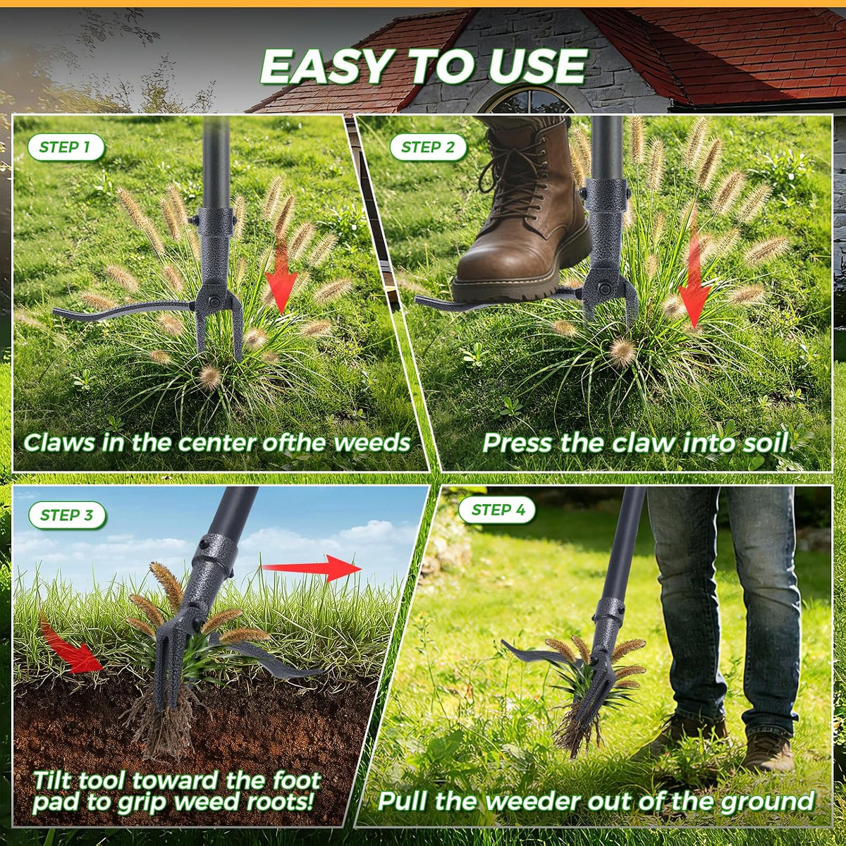 Stand Up Weed Puller Tool, 46" Adjustable All-Metal Long Handle Weeder with 4-Claw Steel Head, Remove Weeds by Roots Without Bending or Kneeling, Heavy Duty Garden Tool Back & Knee Friendly