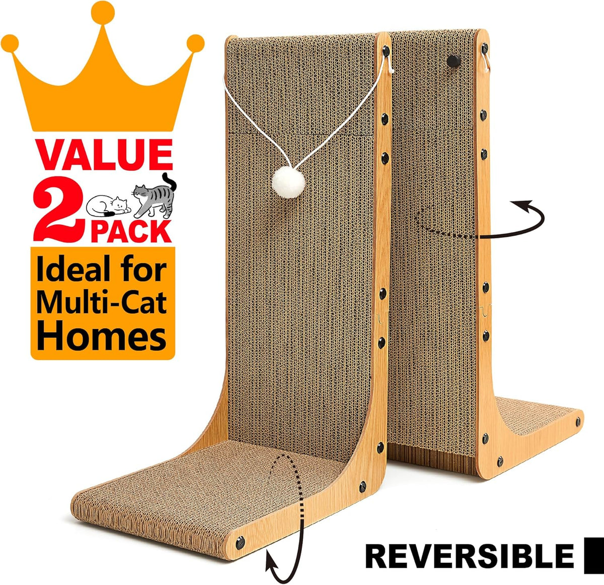 Value 2-Pack 23.6 Inch L-Shaped Cardboard Cat Scratcher, Dual Use (Vert/Horiz) Scratch Pad with Toy Balls, Wall-Mountable Furniture Protector Cat Scratchers for Indoor Cats