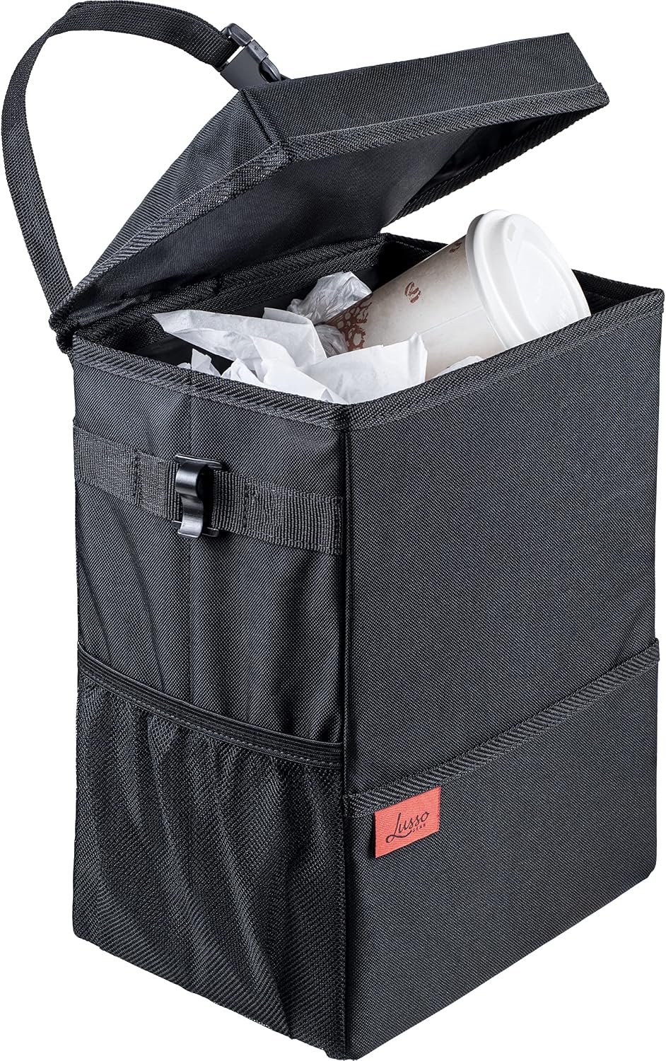 Lusso Gear Car Trash Can - 2.5-Gallon, Black, Round - Leak-Proof & Spill-Proof Lid & Waterproof Removable Liner - Hanging Car Trash Bin & Organizer for SUV, Truck & Minivan