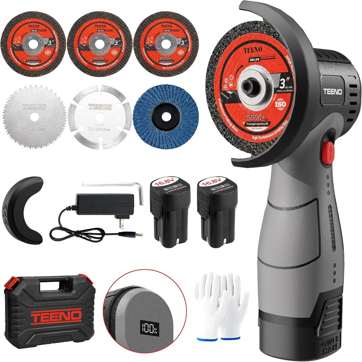 TEENO Cordless Angle Grinder Kit, 19,500 RPM Mini Electric Angle Grinding Tool with 2 pcs 16.8V 2000mAh Batteries and 6 Cutting Discs, 3-Inch Handheld Grinder for Metal/Wood Cutting and Grinding