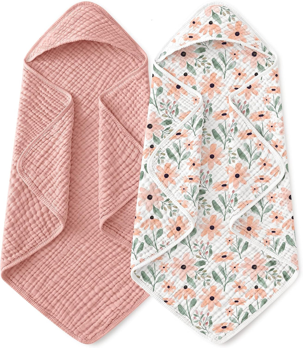 Yoofoss Hooded Baby Bath Towels 2 Pack 100% Muslin Organic Cotton with Hood