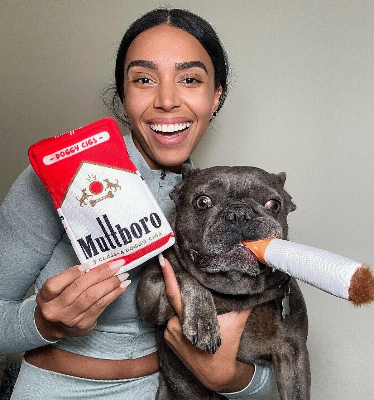 Nestpark Muttboro Doggy Cigs Funny Dog Toys - Parody Plush Squeaky Crinkle Interactive Dog Toy - Hide and Seek Treat Hiding Burrow Puzzle Toy for Stimulating Enrichment Activity