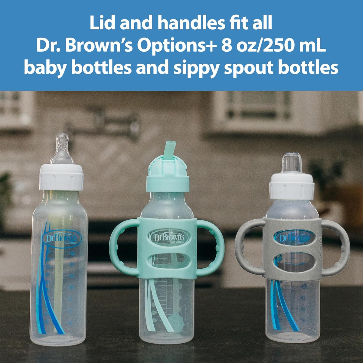 Dr. Brown's Narrow Sippy Straw Bottle with Handles, Gray & Blue, 2-Pack