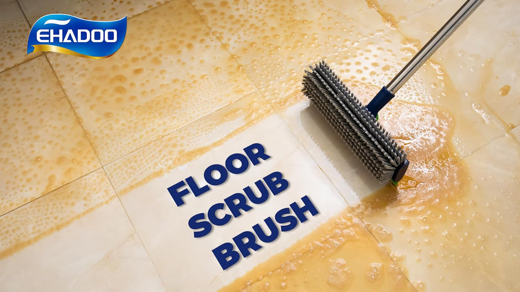 Floor Scrub Brush with Long Handle & Squeegee for Bathroom