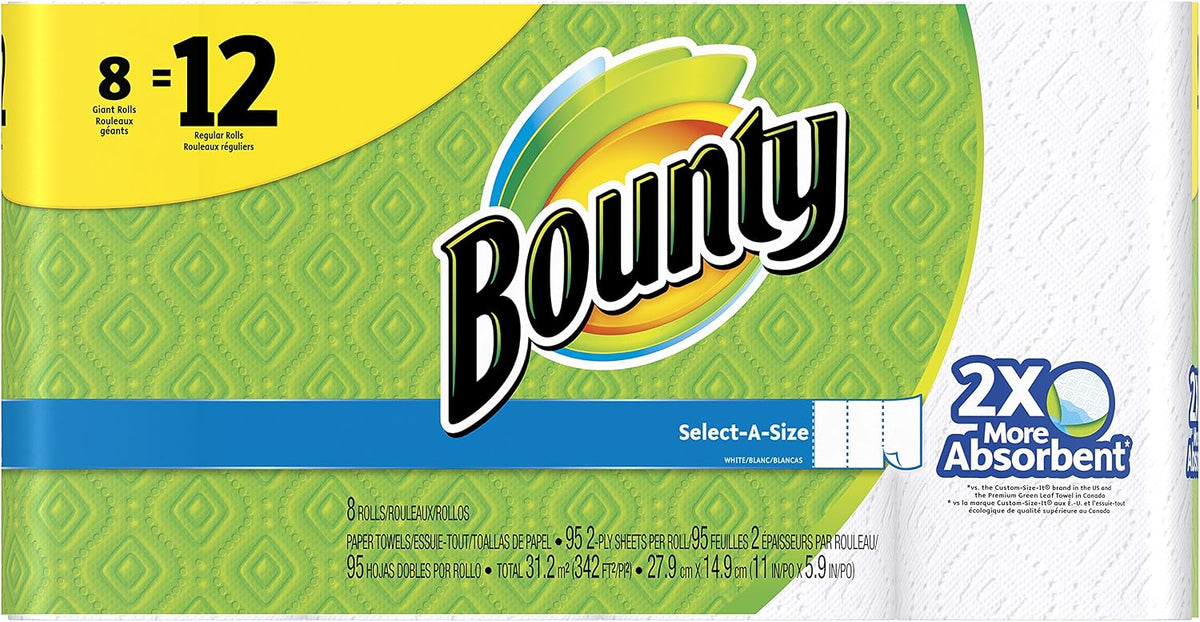 Bounty® Select-A-Size® Double 2-Ply Paper Towels, 98 Sheets Per Roll, Pack of 12 Rolls