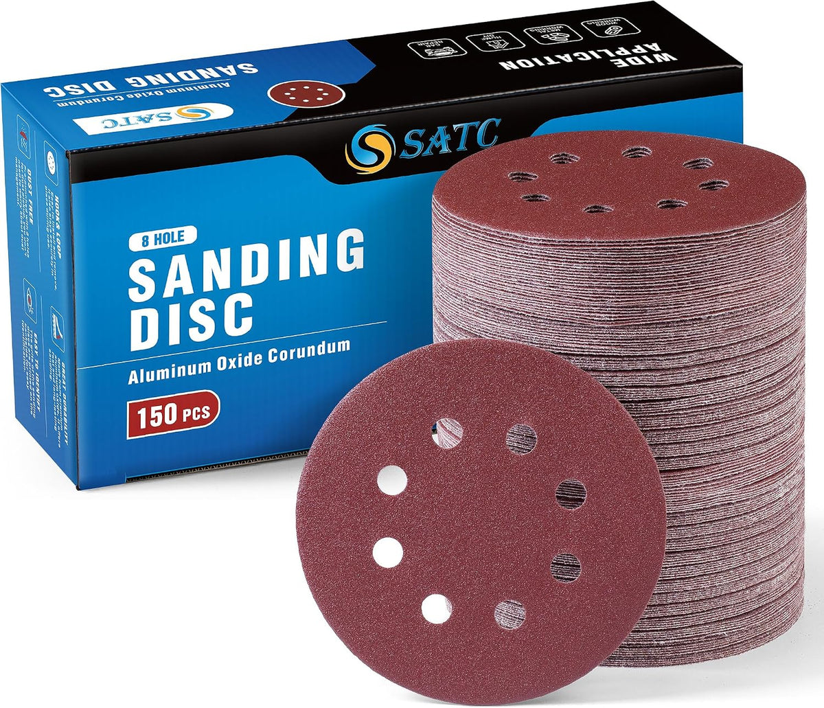 S SATC 72 PCS 5 Inch 8 Hole Hook and Loop Adhesive Sanding Discs Sandpaper for Random Orbital Sander 40 60 80 120 180 240 320 Grits