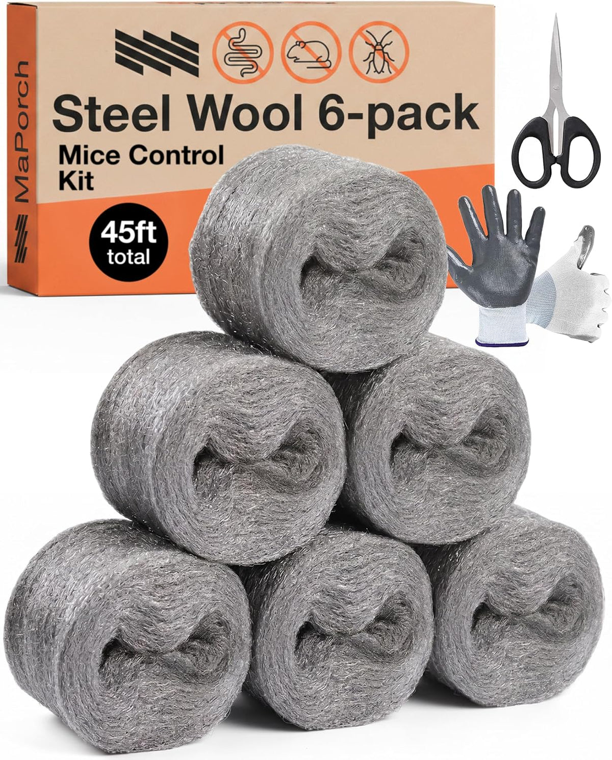 Steel Wool Mice Control 3-pc, Mouse Hole Filler, Scissors & Gloves, MaPorch