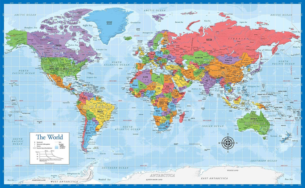 Laminated World Map Poster - Wall Chart Map of Earth - 18" x 29" (Blue)