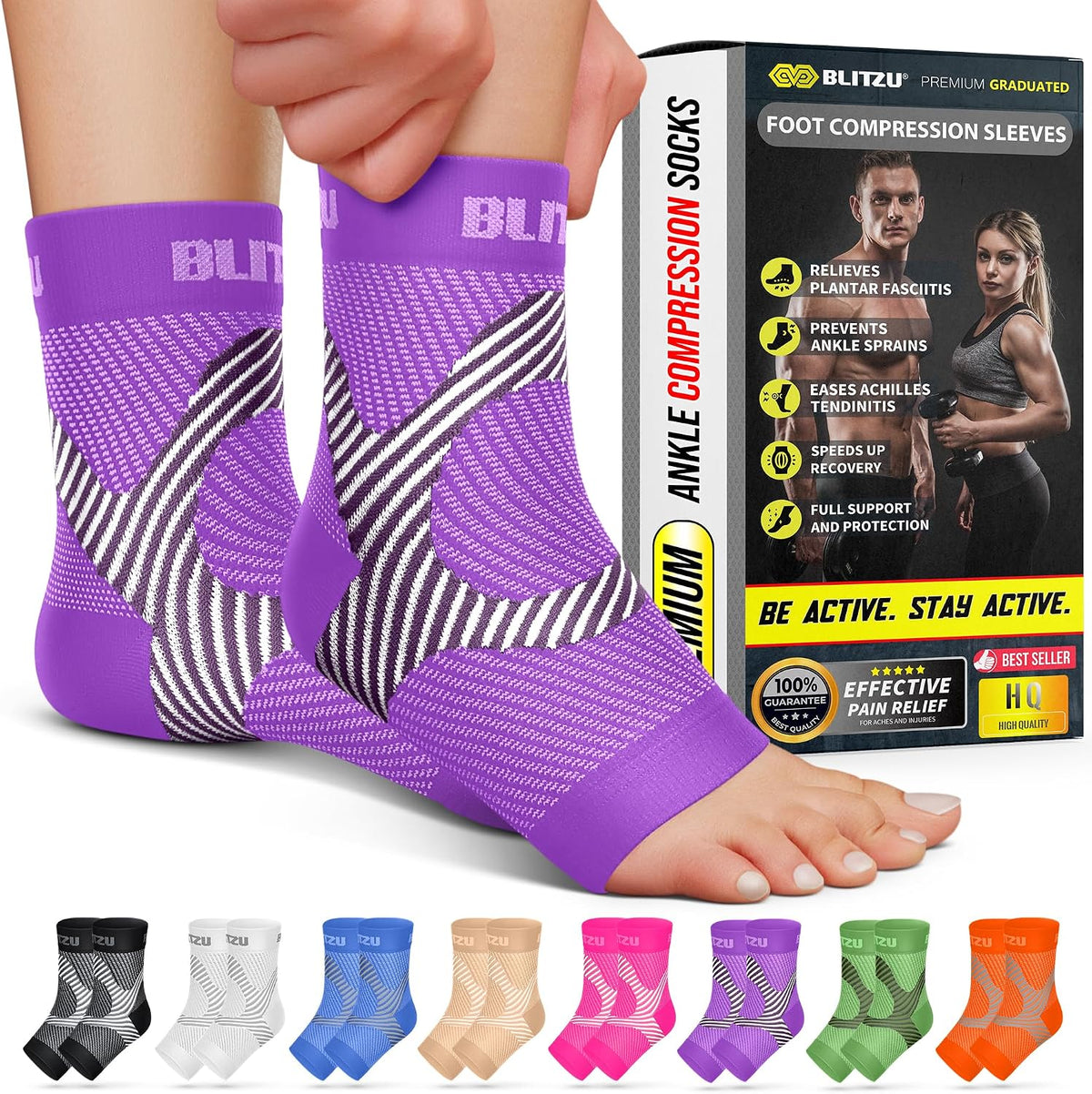 BLITZU Compression Socks for Plantar Fasciitis, Foot, Arch & Ankle Support