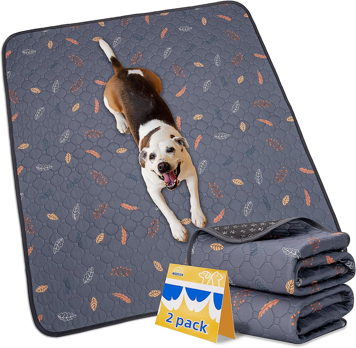 Sunheir Washable Pee Pads for Dogs, Reusable Puppy Pads for Dog Playpen 2PC | Thick Super Absorbent, Leak-Proof & Non-Slip, Waterproof Dog Pads for Puppy Playpen, Crate, Whelping Box, Potty Training Grey