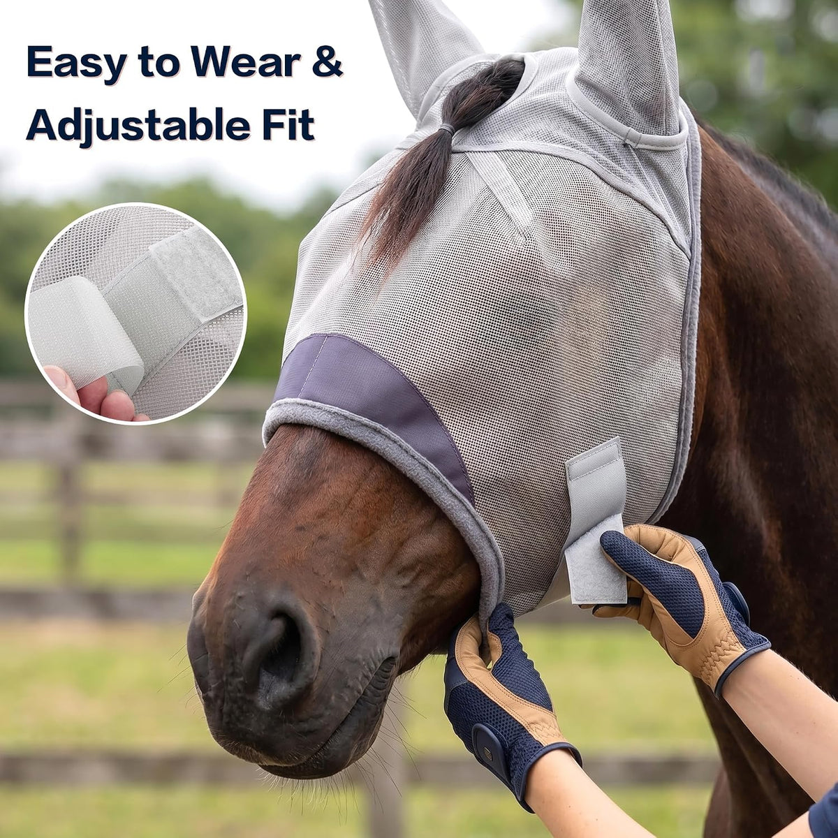Horse Fly Mask with Ears - UV Protection Fine Mesh Super Comfort Fly Masks for Horses, Adjustable Breathability Horses Masks, Pony Equine Fly Mask for Miniature Foal Draft Cob Srabian Full (Gray, L)