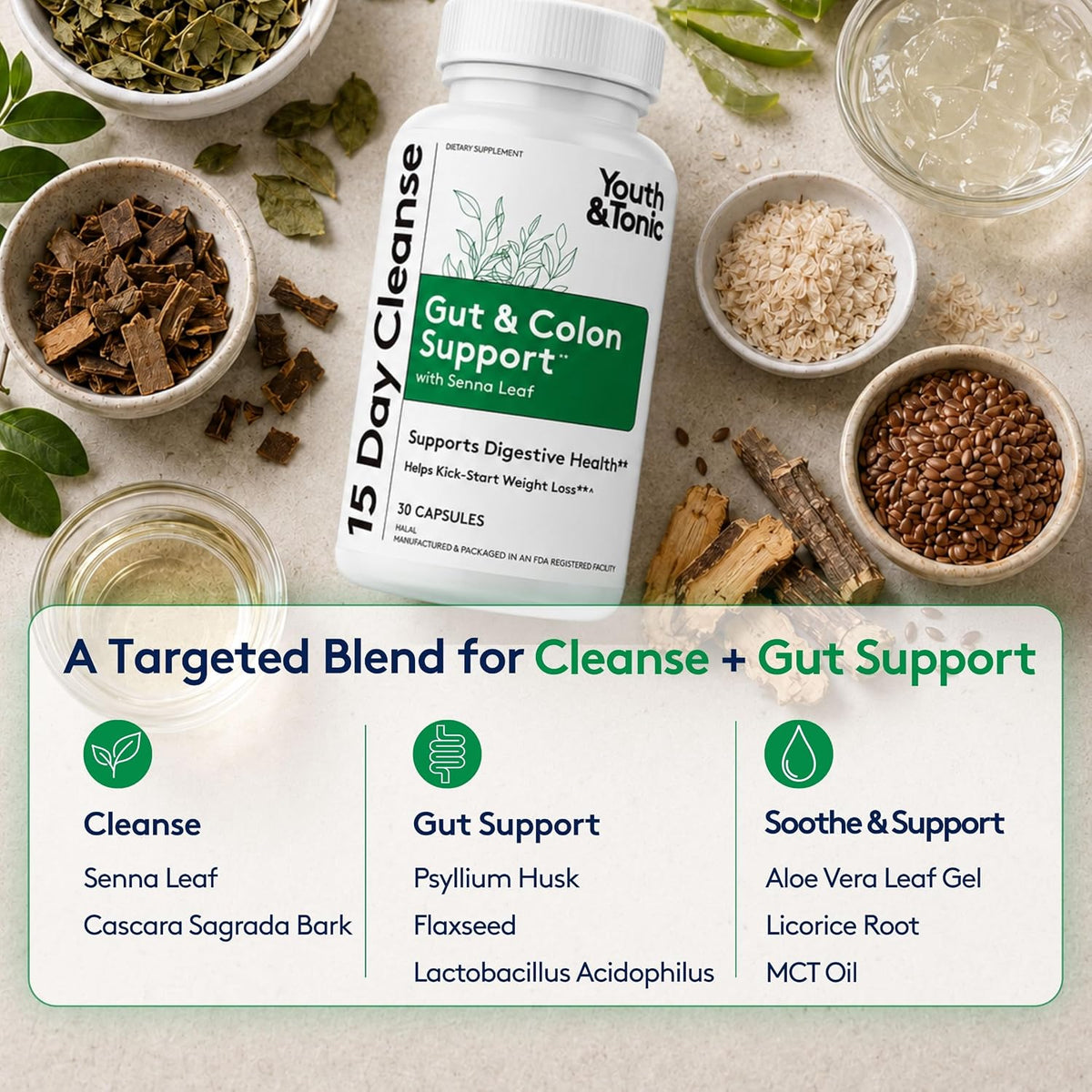 Youth & Tonic 15 Day Cleanse - Colon Cleanse & Gut Support, 30 Pills