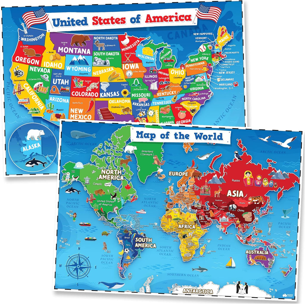 United States and World Map For Kids Classroom Posters 2pc Set - 24” x 16” Waterproof US and World Map for Classroom Decor Posters - Teacher Classroom Must Haves - Homeschool Back to School Supplies