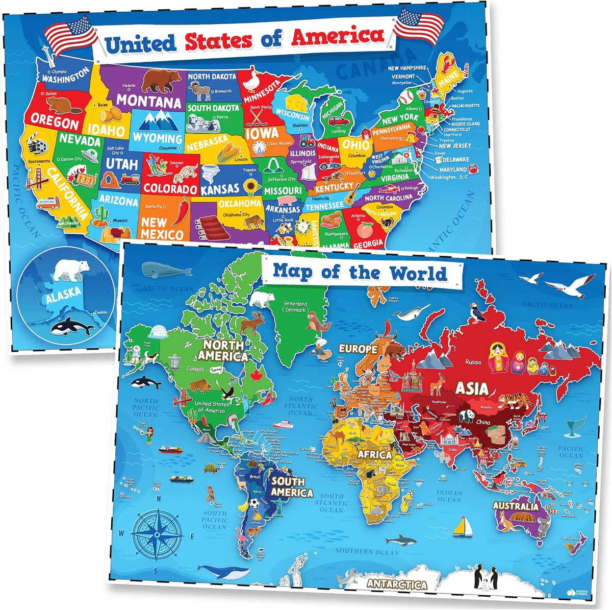 United States and World Map For Kids Classroom Posters 2pc Set - 24” x 16” Waterproof US and World Map for Classroom Decor Posters - Teacher Classroom Must Haves - Homeschool Back to School Supplies