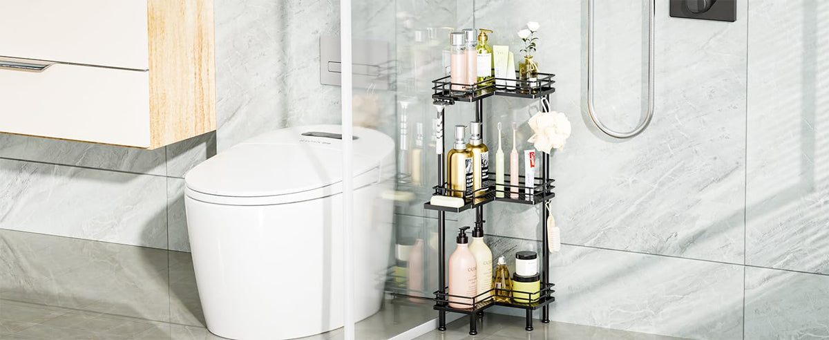 Consumest Corner Shower Caddy Standing - 3-Tier Stainless Steel Shower Organizer with Soap Holder and 4 Hooks, Large Capacity Corner Shelf Stand for Bathroom, Rest Room, Black